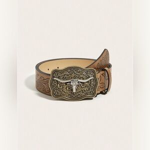 Women’s Western Cowgirl Belt Floral Engraved Leather Longhorn Buckle Brown